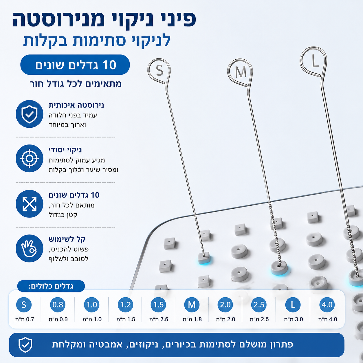 סט 10 מחטים לניקוי ראש מקלחת מנירוסטה