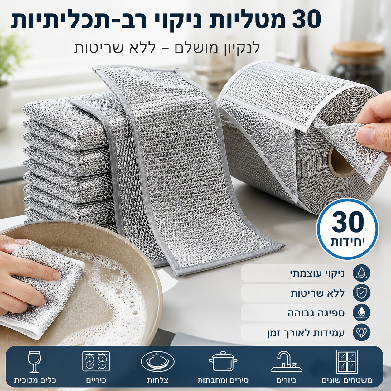 מטלית ניקוי רב-פעמית להסרת שומנים ולכלוך – דו-צדדית למטבח